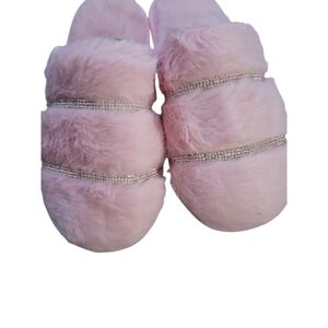 STUDIO 1886  Rhinestone Faux Fur Slippers - Pink